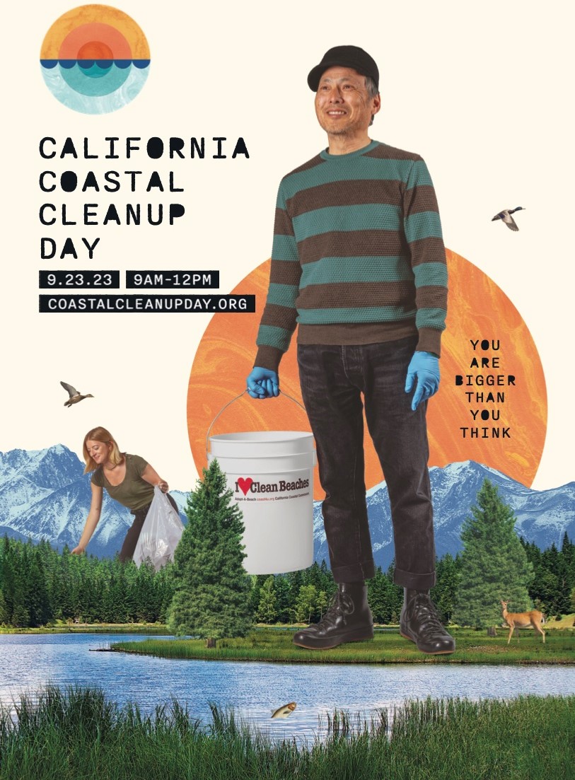 California Coastal Cleanup Day poster image. Shows 'giant' people picking up trash along a waterway in an alpine meadow