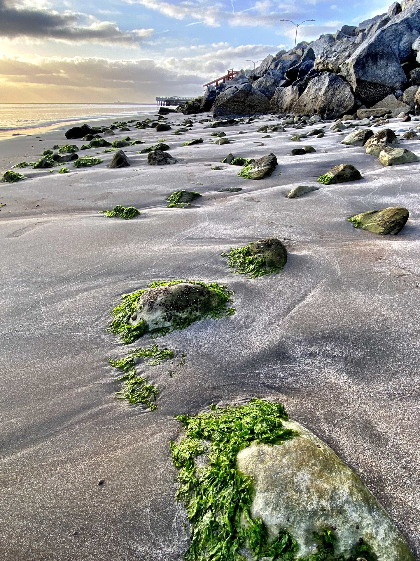 Rocks peek through the sand in a long view up the beach