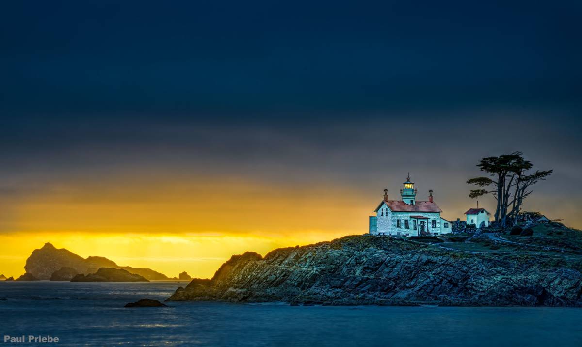 Crescent City Lighthouse at sunset taken from the public breakwater