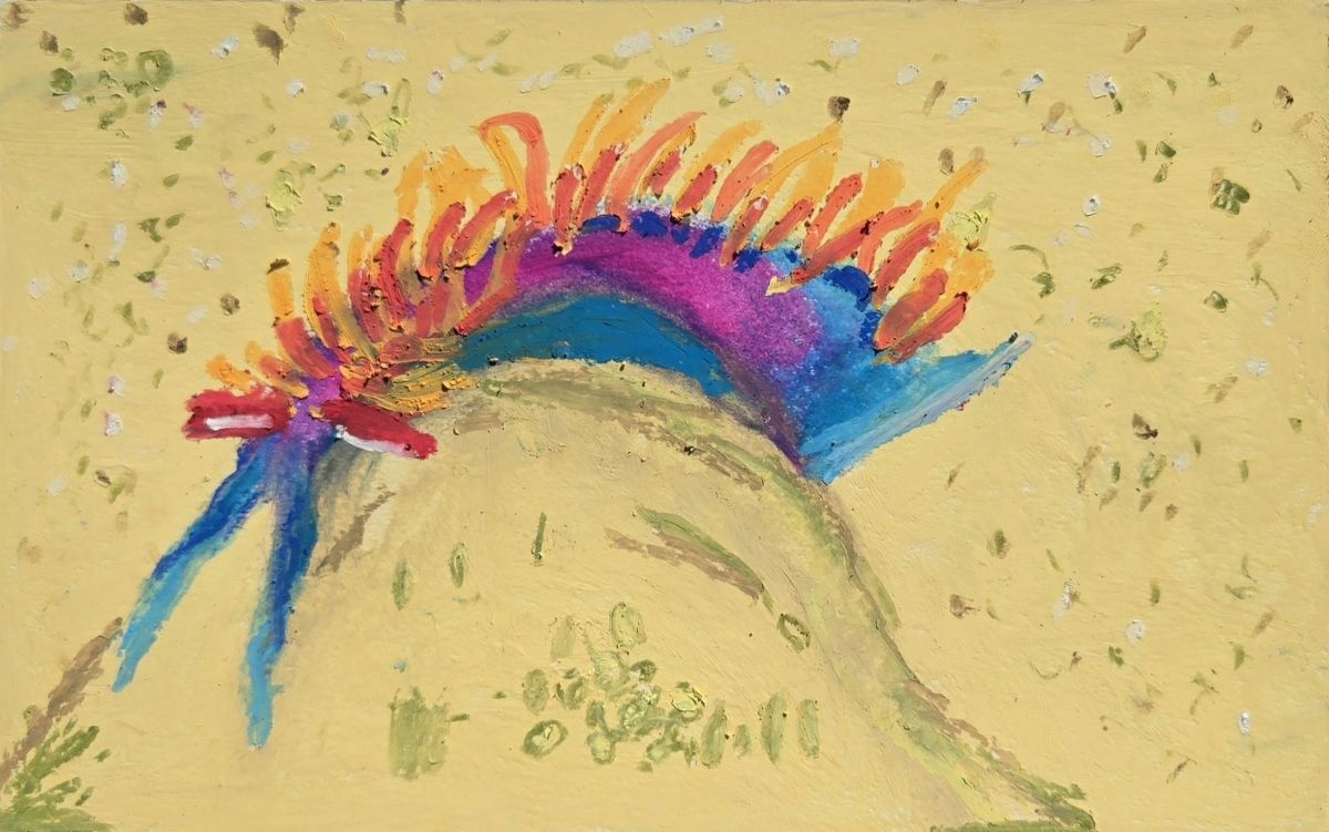 A blue and purple sea slug is moving on the sand. It has multiple orange and red appendages on the top.