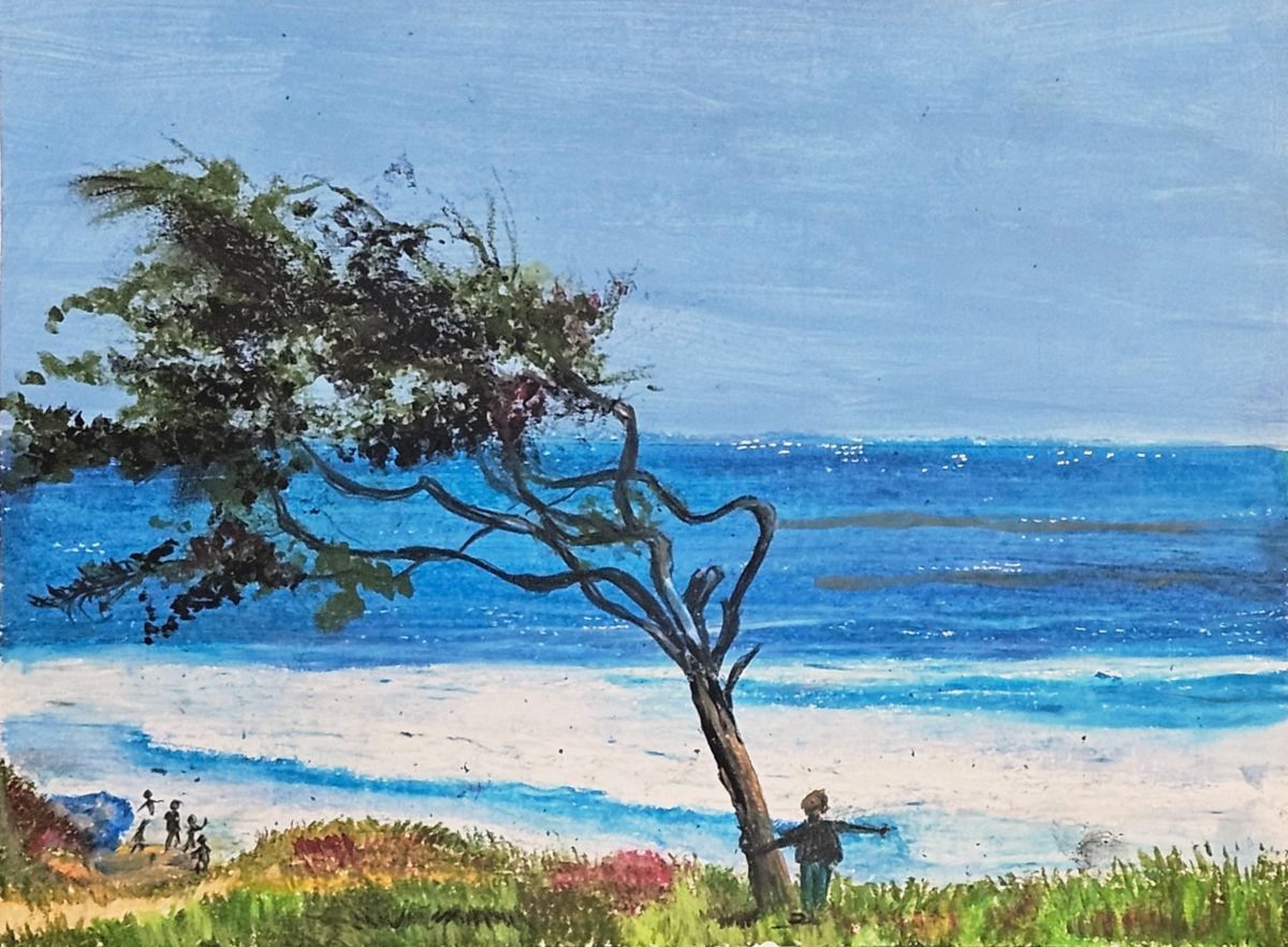 A tall tree along the coast leans sharply to the left. All of it's thin branches and leaves are also leaning. A child is seen standing at the base of the tree, hanging on with one arm. The skies are cloudless and the ocean appears calm. Off in the distance, a few people are standing at the coastline.  