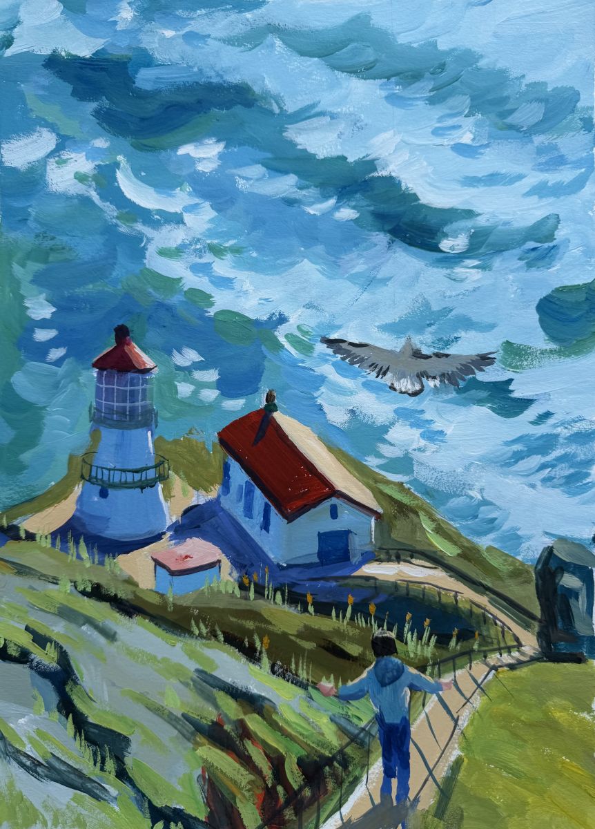 A person with their arms stretched out walks down a staircase along a green hillside. The stairs lead to a white lighthouse with a dark red roof. It sits on a cliff overlooking the ocean. A seabird is seen flying above.