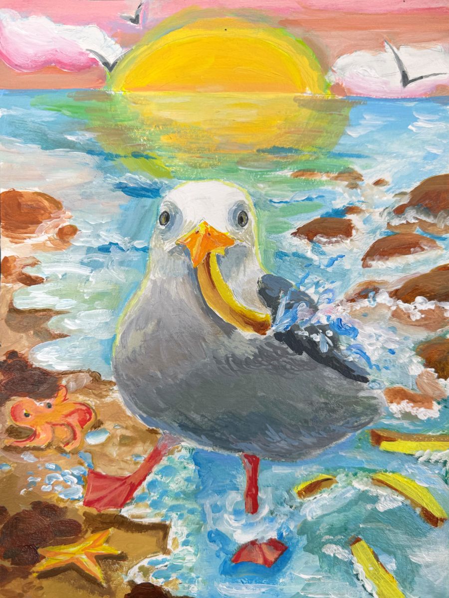 A seagull is standing in shallow water as the tides come in and the sun is setting. Its holding a french fry in it's mouth as a few other french fries float around it. An octopus and sea star are seen next to the seagull. 