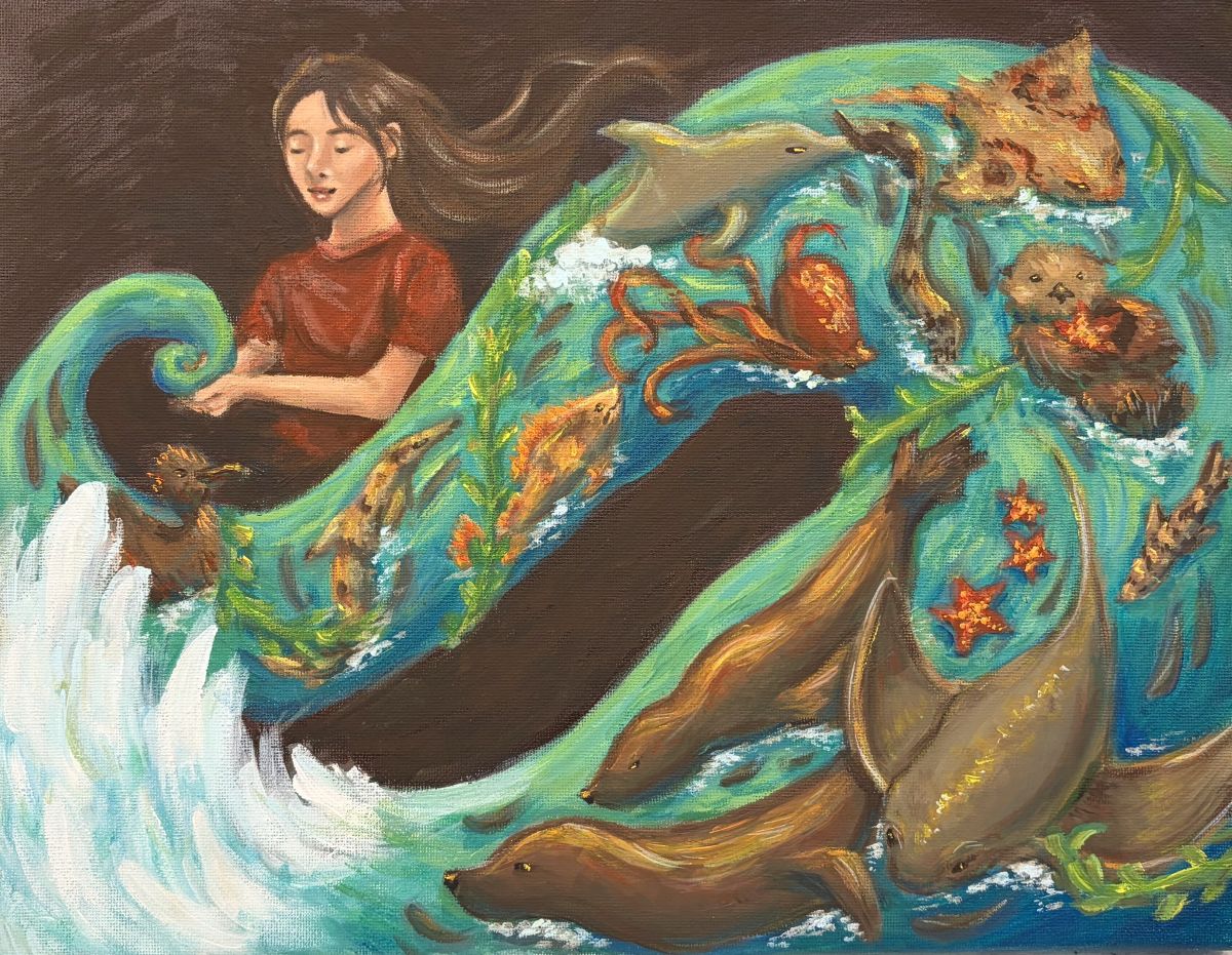 A person with long brown hair is holding a stream of water that transforms into a wave. The wave is carrying varies animal species, including leopard sharks, an octopus, dolphin, stingrays, a sea otter, and sea lions.