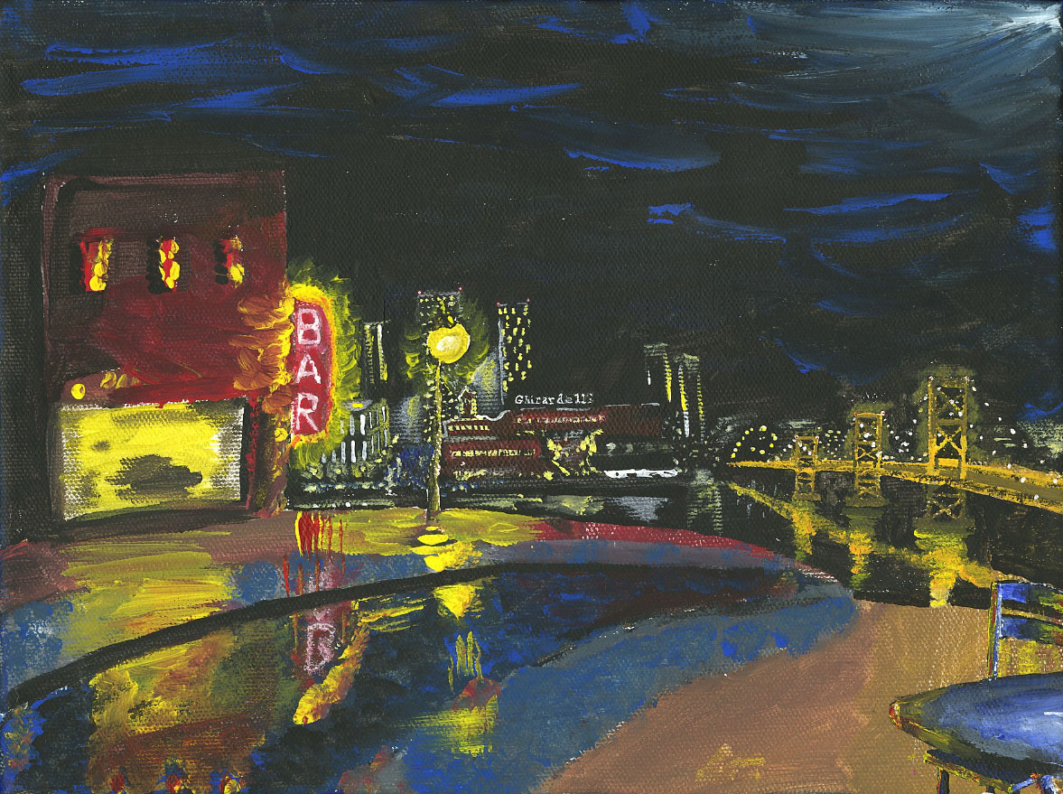 San Francisco at night in the rain, in acrylic