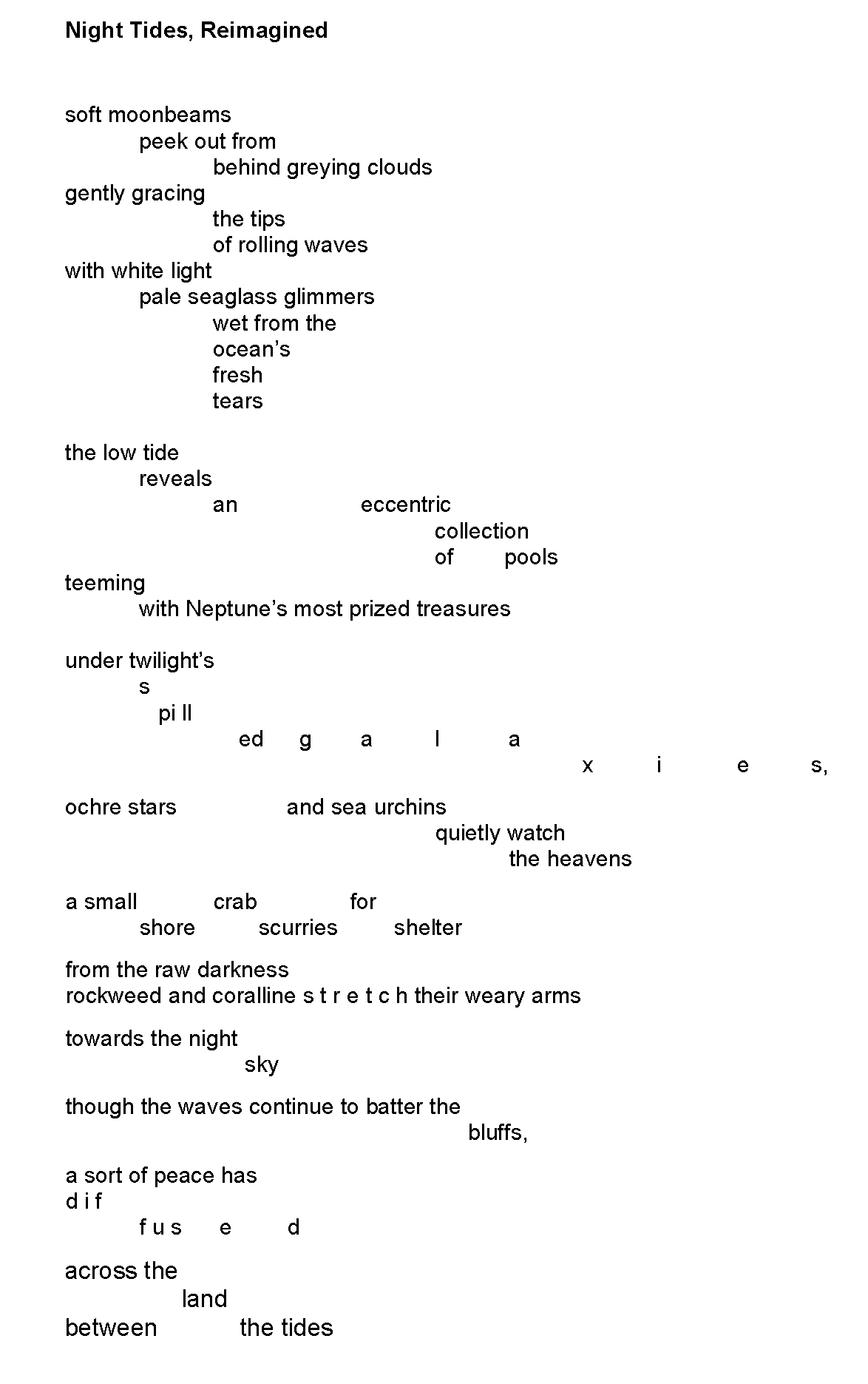 soft moonbeams/peek out from/behind greying clouds/
							gently gracing/the tips/of rolling waves/
							with white light/pale seaglass glimmers/wet from the/
							ocean's/fresh/tears/the low tide/reveals/an eccentric/collection/
							of pools/teeming/with Neptune's most prized treasures/
							under twilight's/spilled galaxies,/ochre stars and sea urchins/
							quietly watch/the heavens/a small shore crab/scurries for shelter/
							from the raw darkness/rockweed and coralline stretch their weary arms/
							towards the night/sky/though the waves continue to batter the/
							bluffs,/a sort of peace has/diffused/across the/land/between the tides