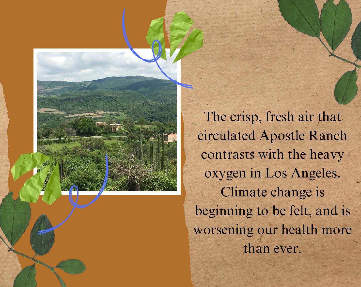 Photo looking over rolling green hills with a few buildings in the distance. Text: 
					The crisp, fresh air that circulated Apostle Ranch contrasts with the heavy oxygen in Los 
					Angeles. Climate change is beginning to be felt, and is worsening our health more than ever.