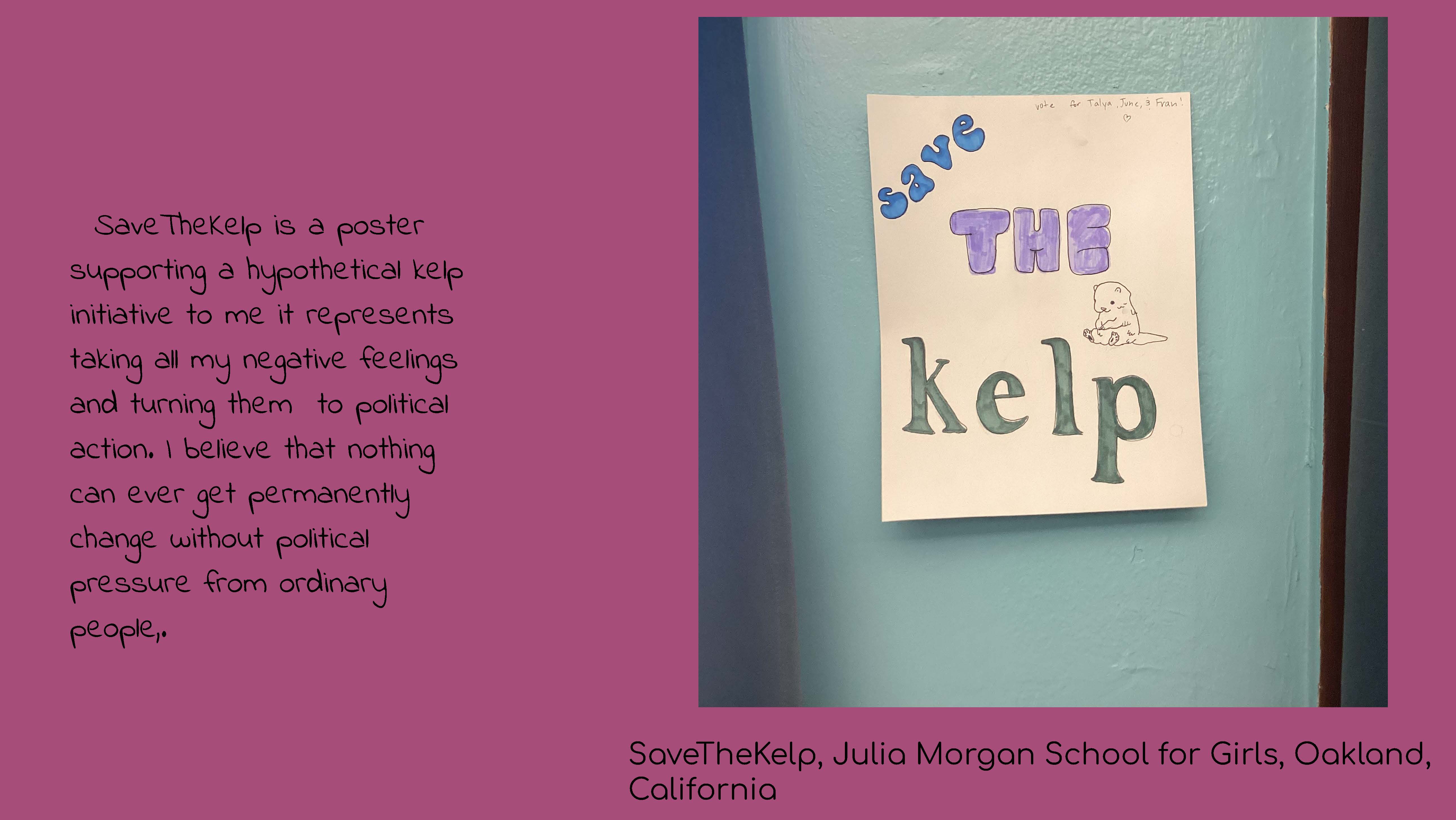 Photo of a flyer on a wall that says Save The Kelp. Caption: Save The Kelp, Julia Morgan 
					School for Girls, Oakland, California. Text: Save The Kelp is a poster supporting a hypothethical 
					kelp initiative to me it represents taking all of my negative feelings and turning them to political 
					action. I believe that nothing can ever get permanently changed without political pressure from ordinary people.