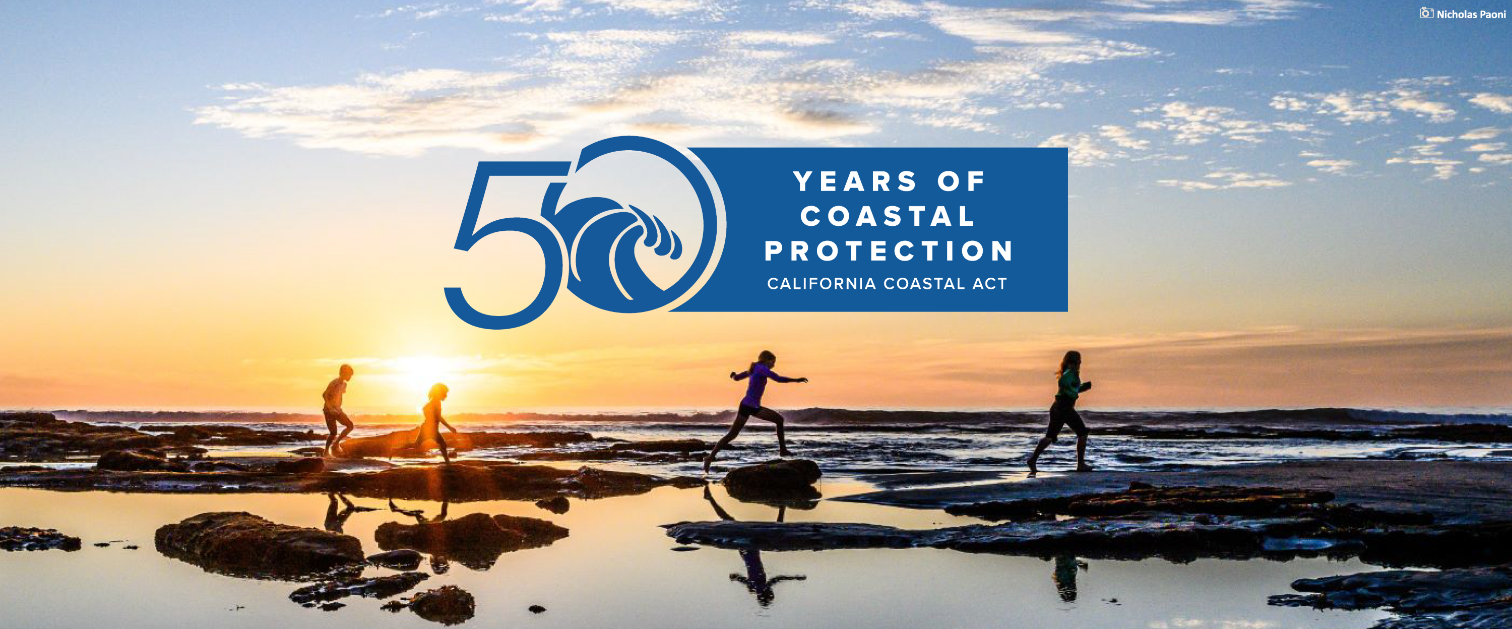 The Coastal Act 50th anniversary logo is atop a photo of children running along the beach at sunset