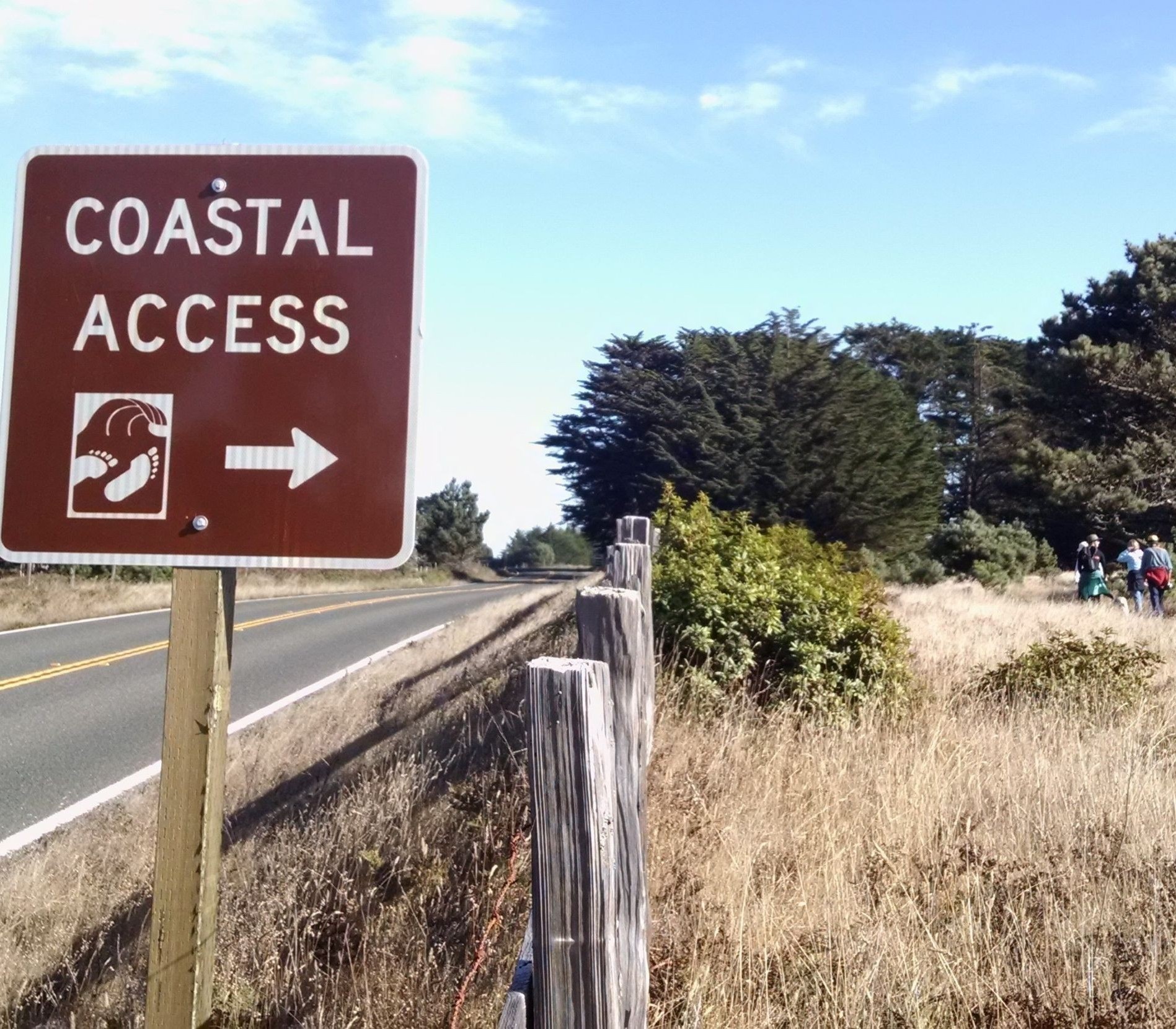 A coastal access sign directs people to a trail next to a road, where people can be seen walking in the distance.