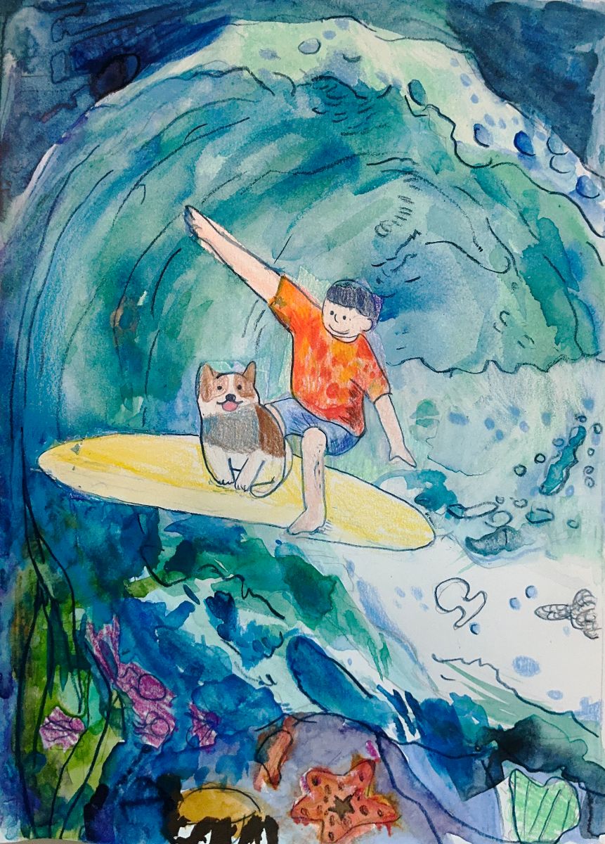 A child with short hair, wearing an orange t-shirt and blue shorts is seen surfing on a yellow surfboard. Surfing on the same board, is a brown and white dog. They are surfing a big wave. Rocks, sea stars, kelp, and other marine life are seen below the surfers. 