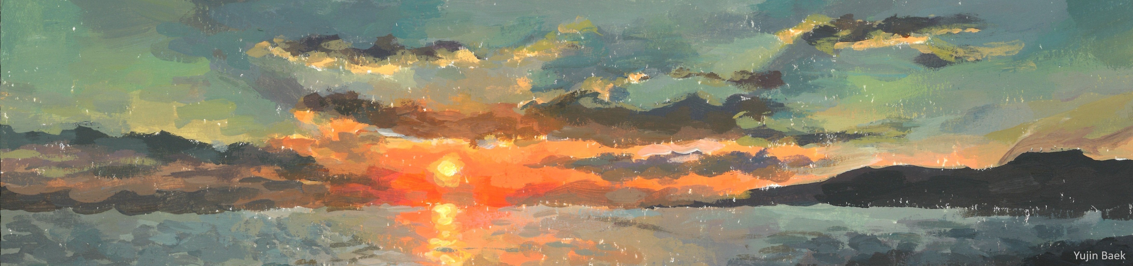 Crop from Yujin Baek's artwork showing a brilliant sunset over the ocean