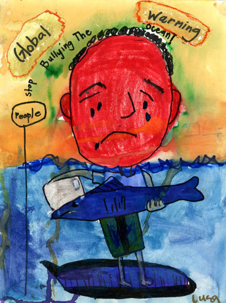 watercolor of a crying person on a surfboard holding an ice cube on a shark's head. Text reads Global Warming, People Stop Bullying The Ocean!