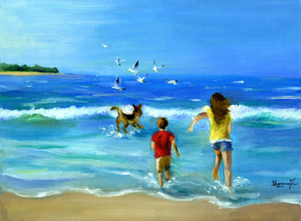 painting of a boy, girl, and dog chasing birds in the surf