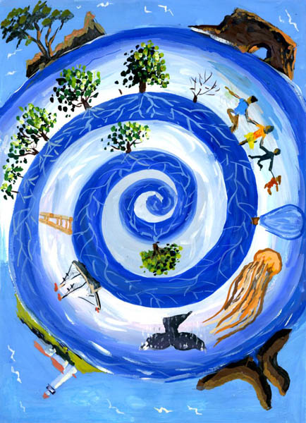 painting of a spiral shape surrounded by iconic California coastal images