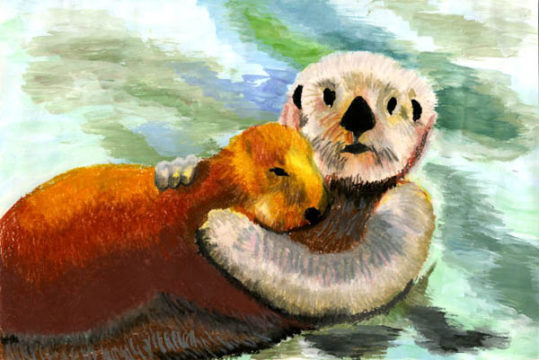 oil pastel and tempera painting of mother otter holding her baby