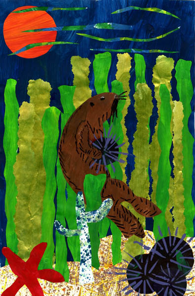 acrylic paint and collage of a sea otter holding an urchin while underwater in a kelp forest