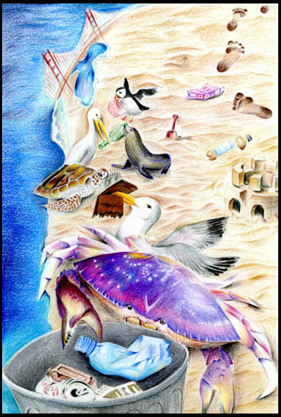 colored pencil drawing of animals doing a beach cleanup
