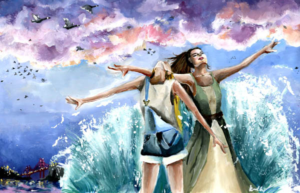 painting of two girls in front of a wave with birds and Golden Gate Bridge in the background