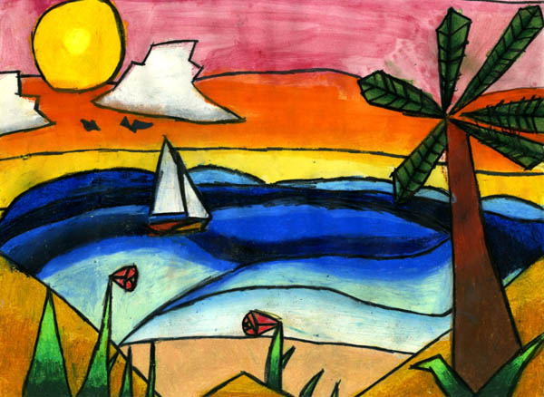 oil pastel and watercolor painting of shoreline view and sail boat