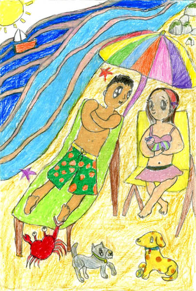 oil pastel and pencil of a man and a woman holding a baby sitting on beach chairs in the sand next to the ocean. Two dogs and a crab are on the sand