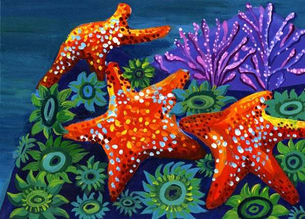 painting of sea stars, anemone, and coral underwater