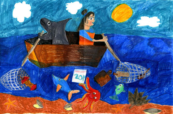 marker drawing of girl and shark in a boat, scooping trash out of the water