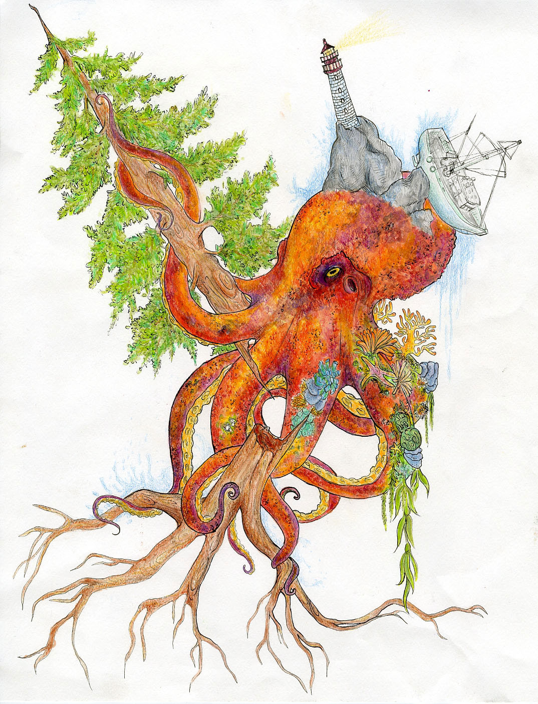 Drawing of an octopus covered with California North Coast symbols, holding a broken redwood tree with its tenticles