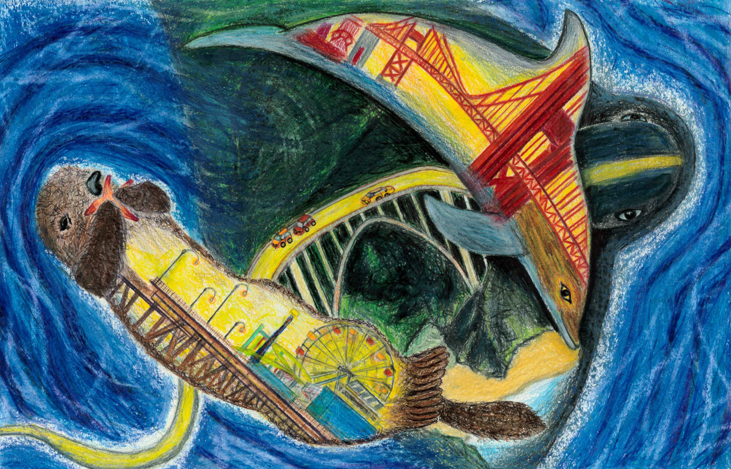 Ocean animals with California coastal scenes drawn within their outlines, in colored pencil and marker