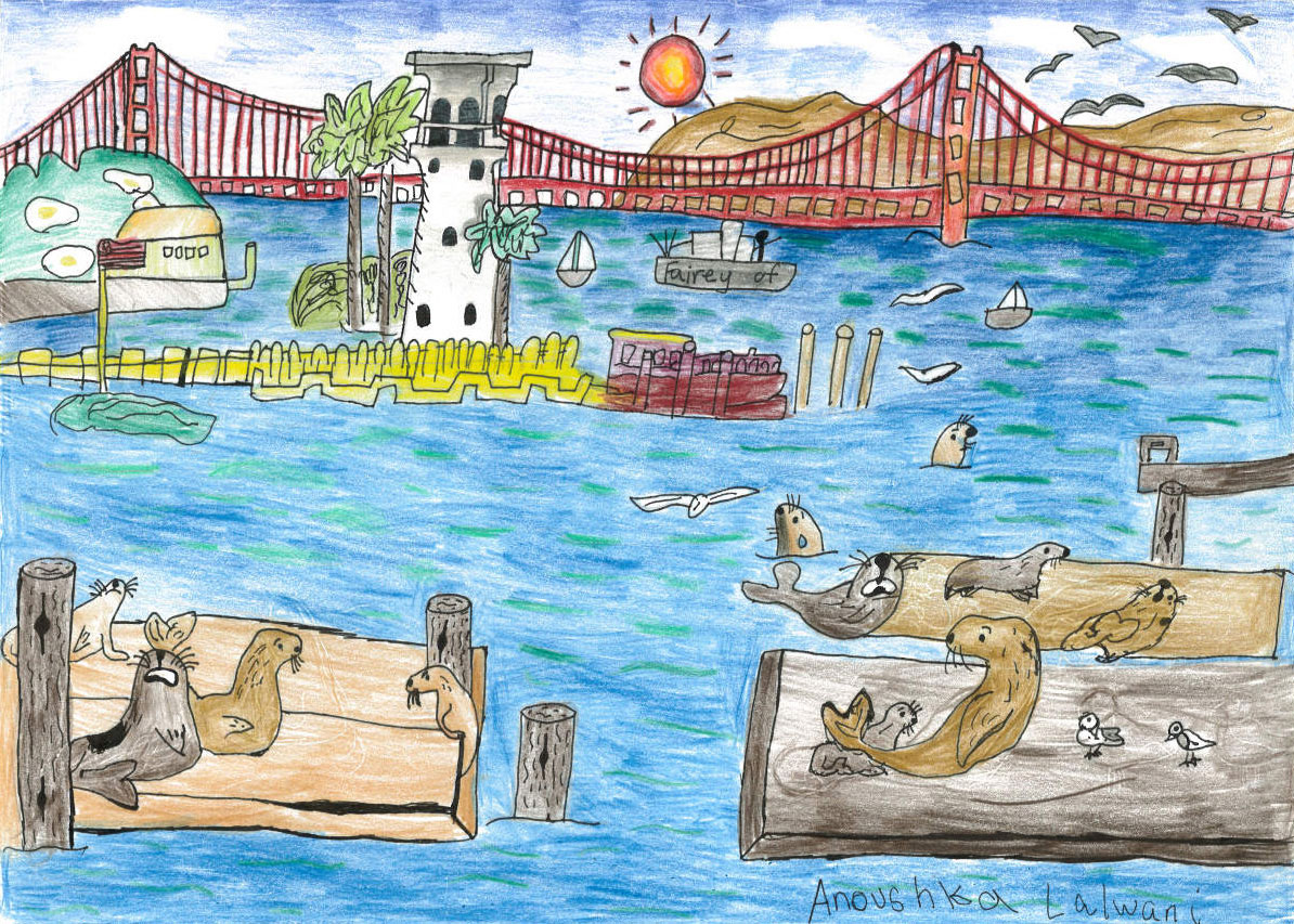 Drawing of sea lions at Pier 39 in San Francisco, Golden Gate Bridge in the background, in colored pencils