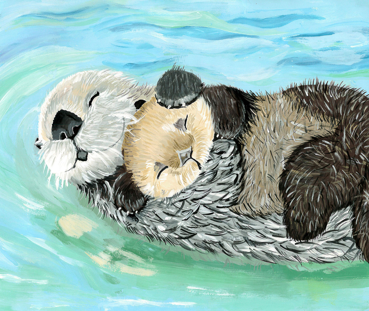 Mother otter holding her baby, in tempera paint