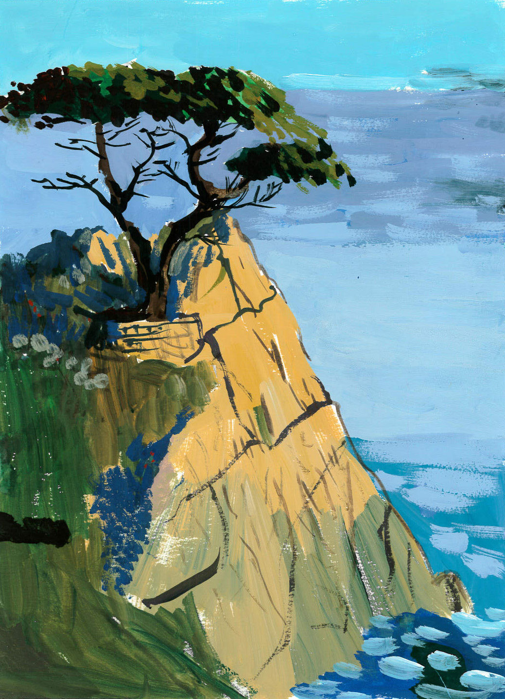Painting of cypress tree overlooking the ocean