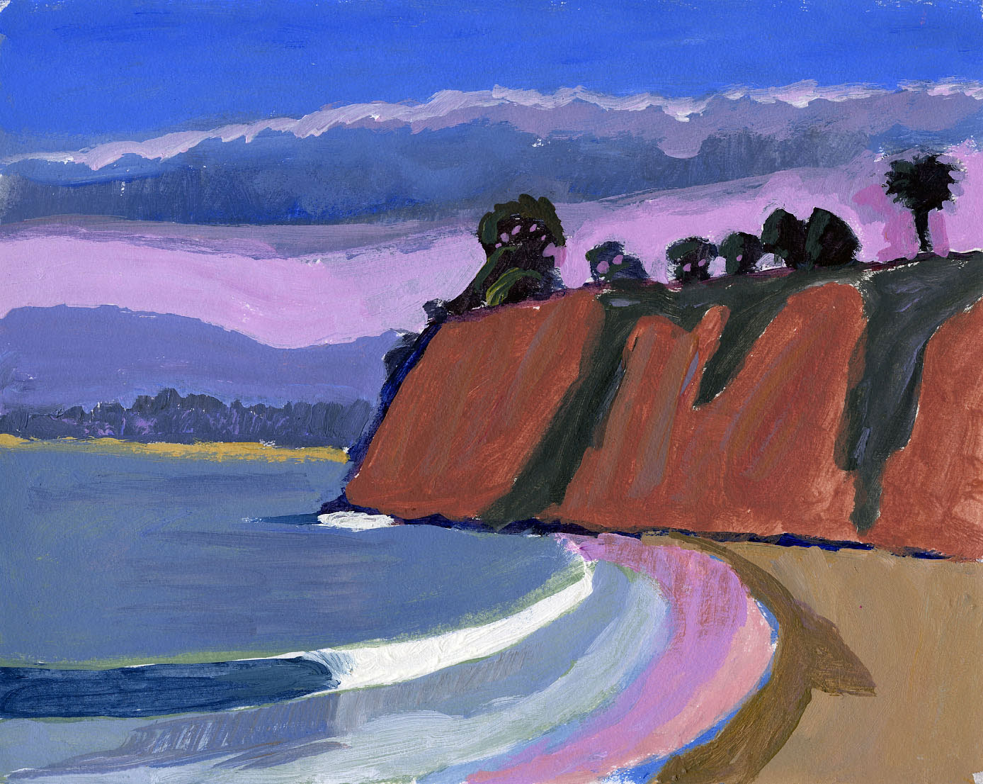 Painting of a beach, waves, and bluffs