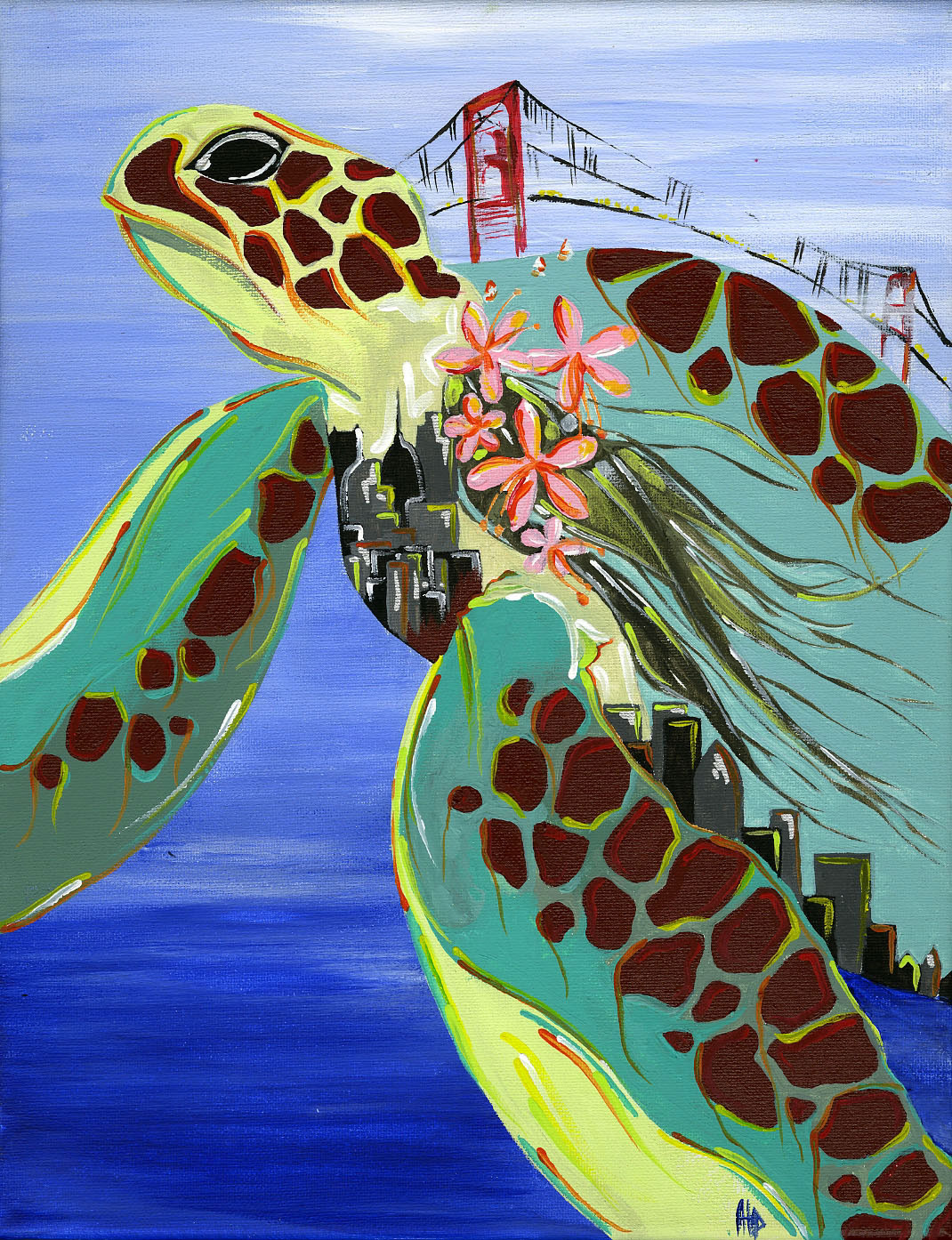 A swimming turtle contains the skyline of San Francisco, with the Golden Gate Bridge on its back, in acrylic