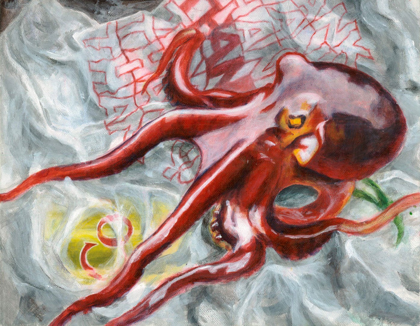 Octopus on top of a plastic shopping bag and a soda can, in acrylic and colored pencil