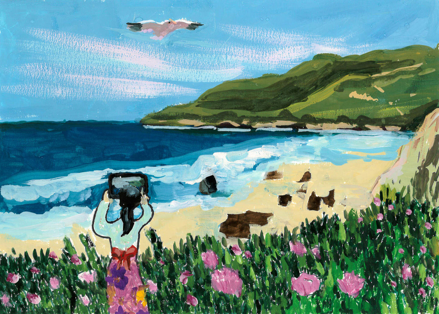 Painting of a girl taking a photo of a beach, flowers in foreground and a gull flying above