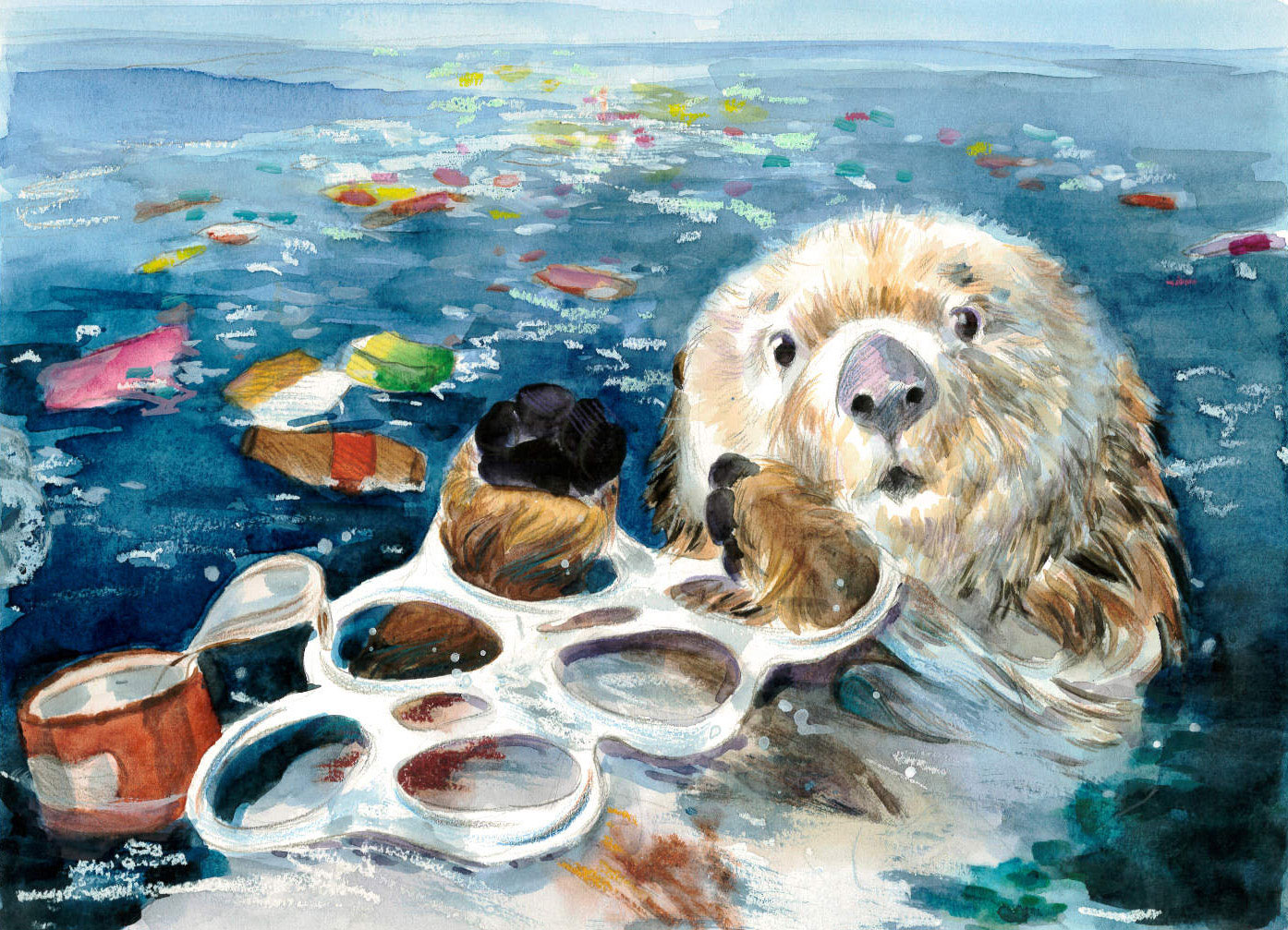 Sea otter floating amongst trash with six-pack rings around its paws, in mixed media