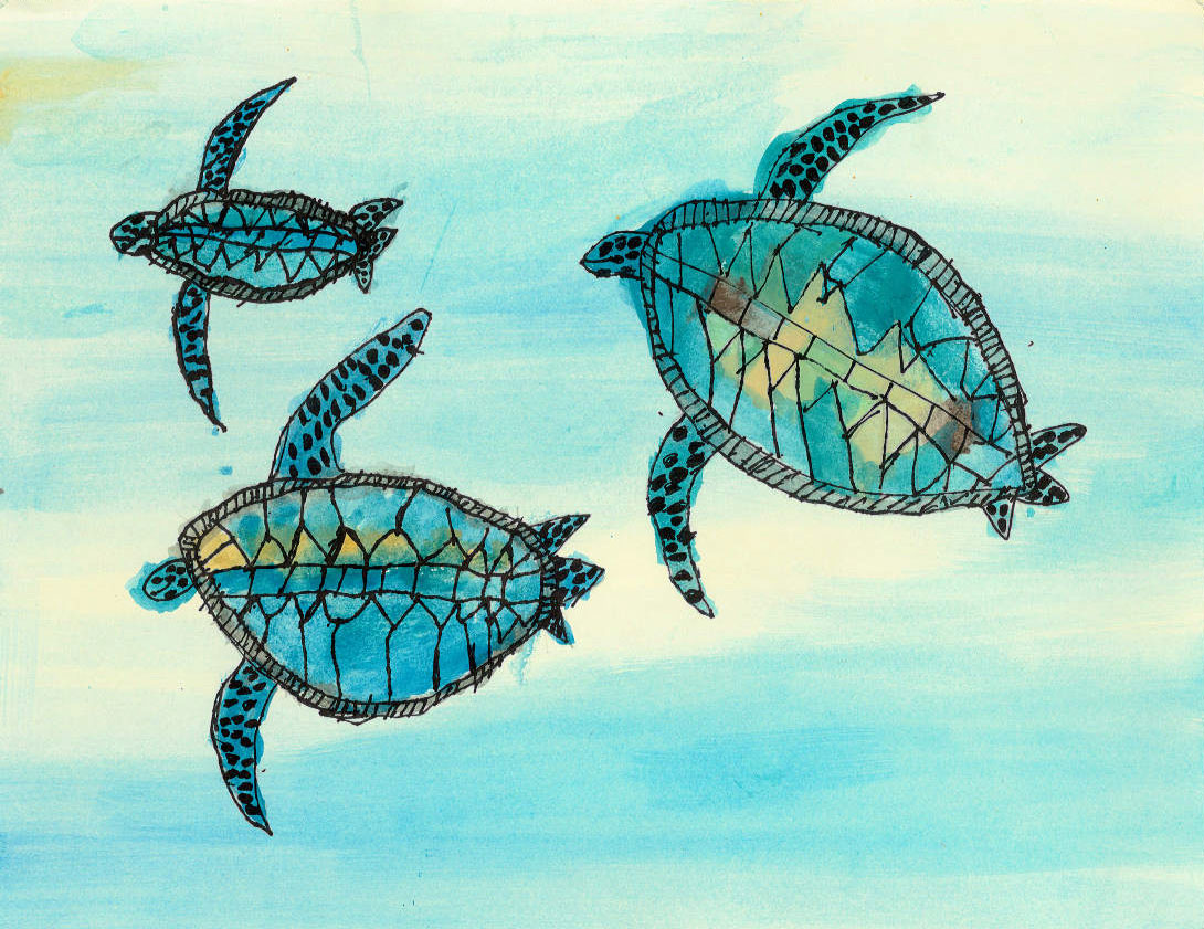 Three turtles swimming under water, in watercolor