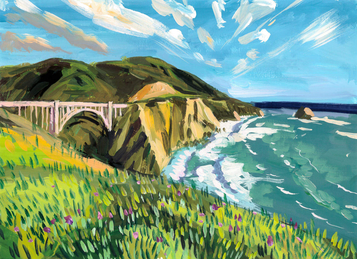 Painting showing Bixby Bridge in Big Sur from the south