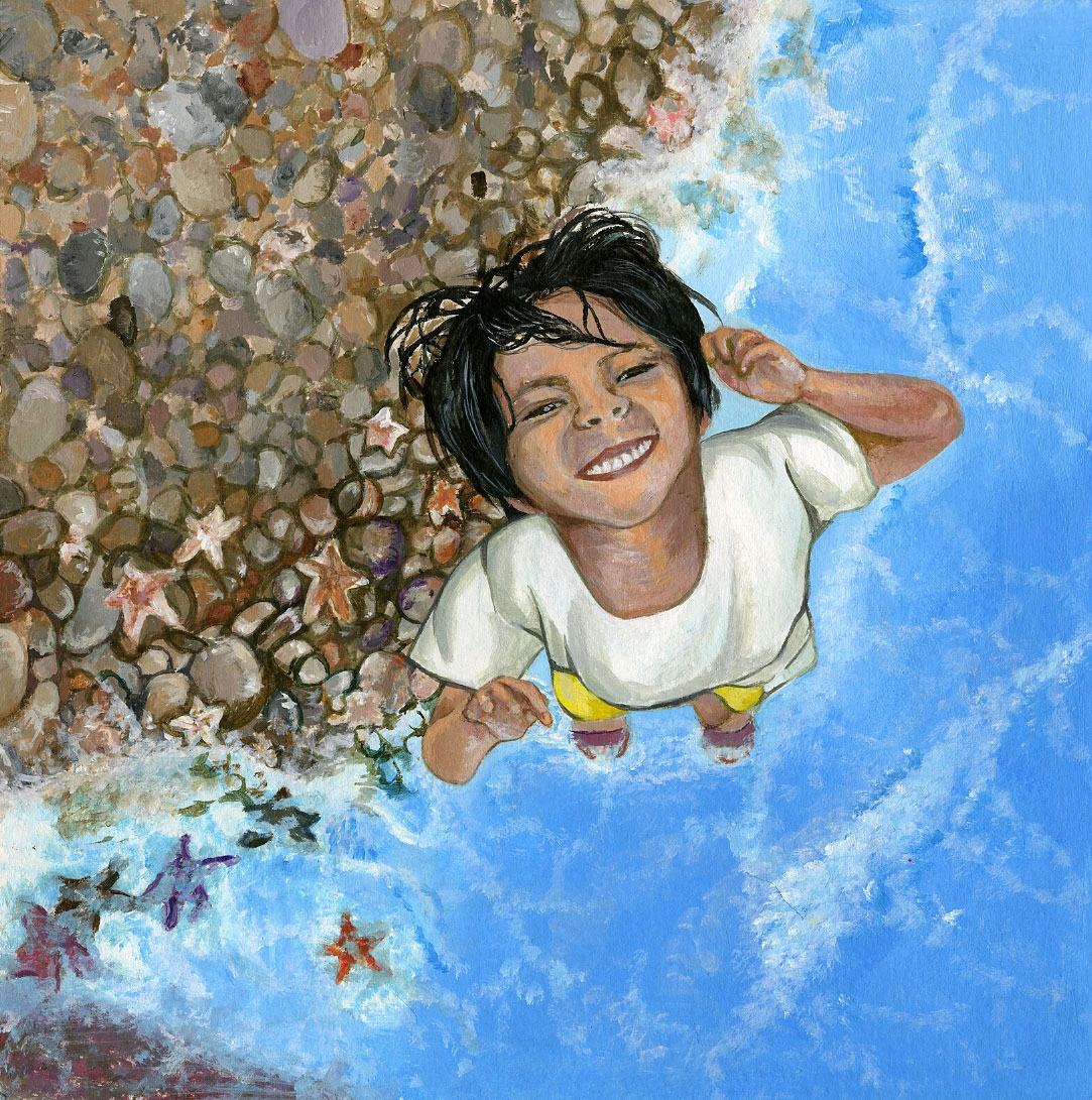 View from above as a child standing in the water looks up smiling, in acrylic