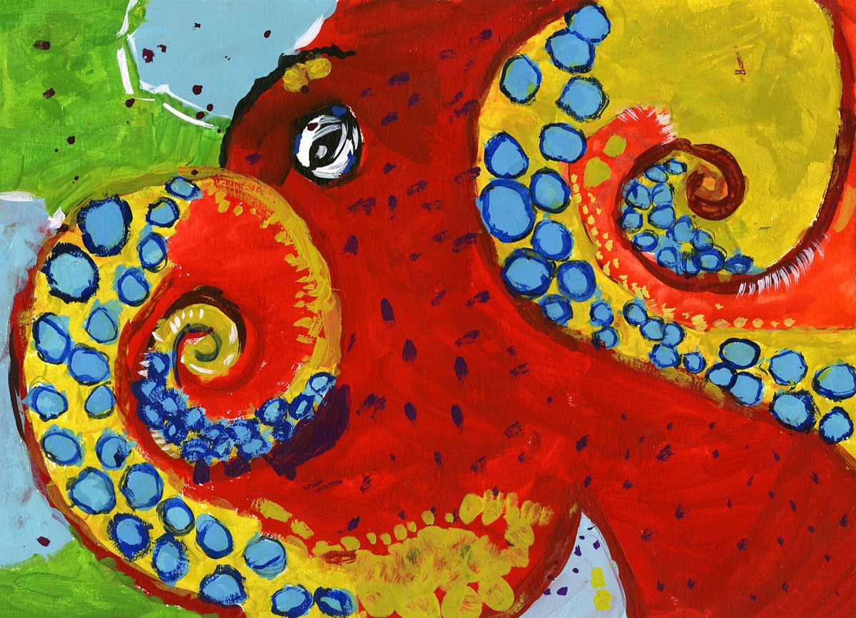Painting of a red octopus with curled tentacles, by Karine Wong
