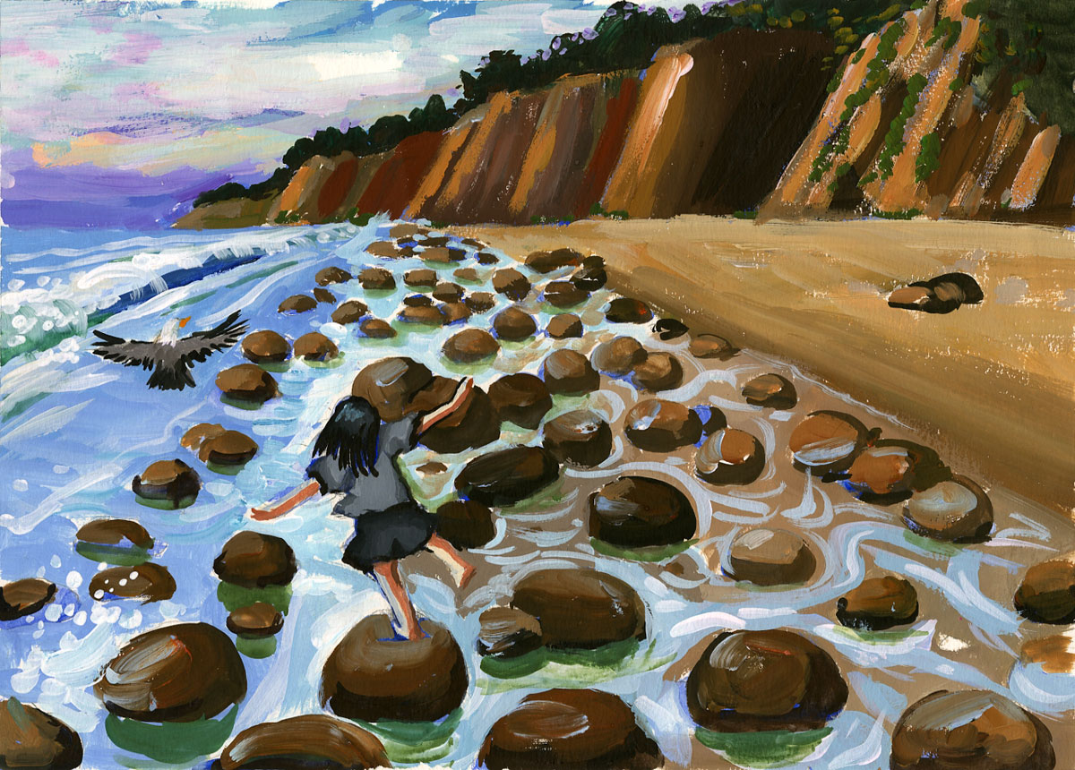Painting of a girl and an eagle playing at Bowling Ball Beach, by Koey Ma