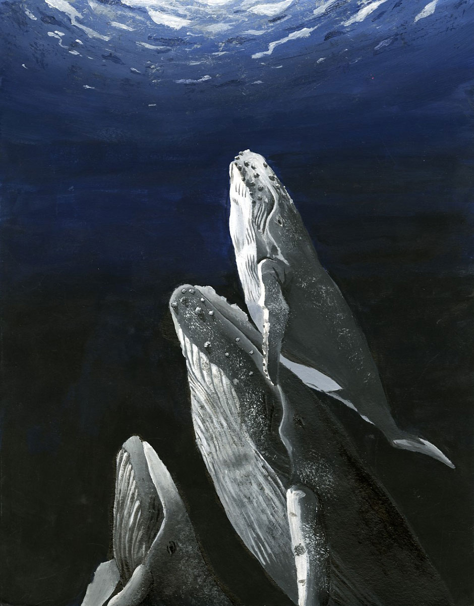 Painting of three whales swimming up to the light, by Neeraja Beesetti