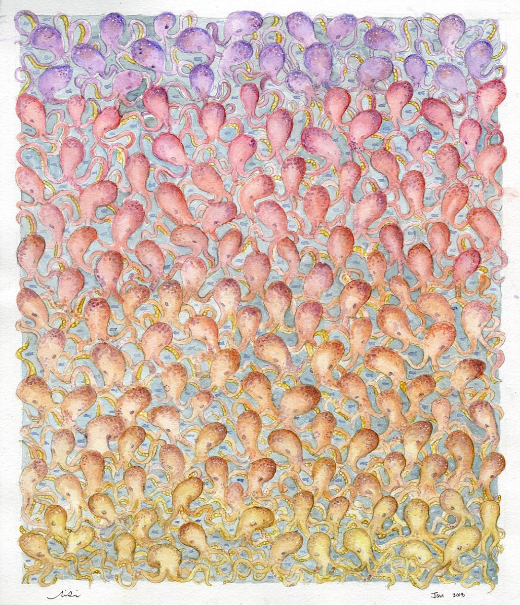 A field of octopi fills the painting, tangled together in a color gradient from purple to golden, by Sarah Ruyle