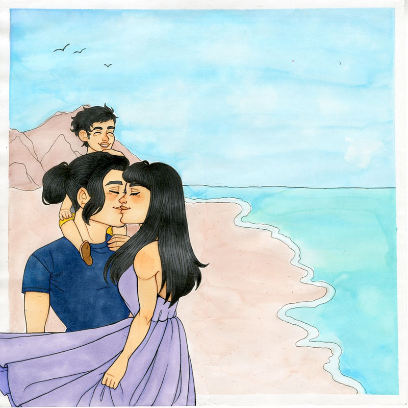 Watercolor with marker, drawing of a couple embracing while holding their child, standing on the beach, by Ava Cervantes