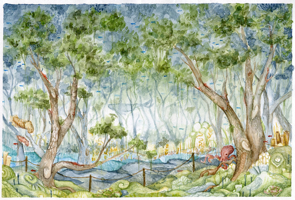 Watercolor painting of ocean creatures among a coastal forest, by Sarah Ruyle