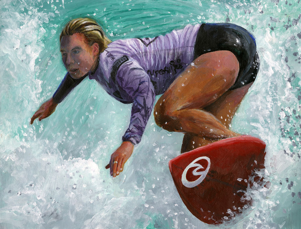 Painting of a woman surfing, by Kenneth Godina