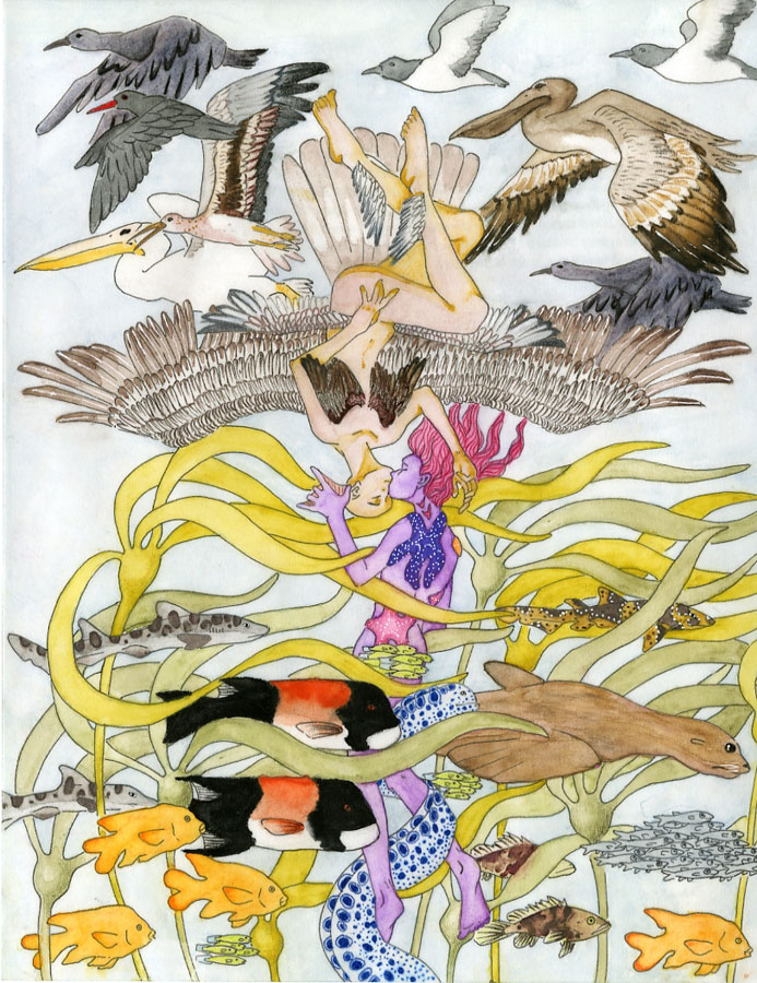 Watercolor and pen drawing of coastal water and land creatures, with land and water personified, embracing, by Maxine Schulte