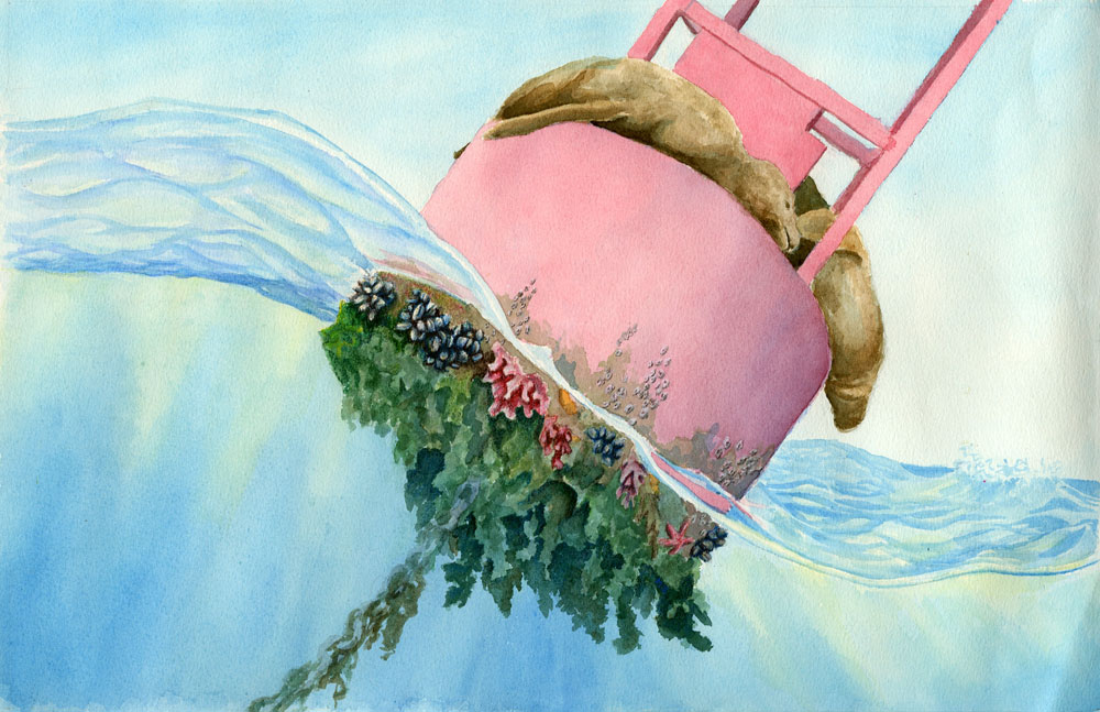 Watercolor and colored pencil painting of sea lions on a buoy in the waves, the underside of the buoy shown covered in sea life, by Marina Zellers