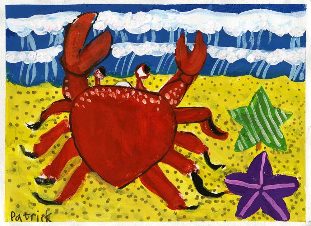 Painting of a crab and sea stars on the beach, by Patrick Pan Yang